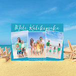Chic Blue Mele Kalikimaka 3 Beach Photo Christmas Holiday Card<br><div class="desc">Chic blue customizable beach family photo collage Christmas card with your favourite tropical photos in the sun. Add 3 of your favourite vertical photograph memories from your island vacation to the coast. Beautiful coastal horizontal holiday cards with a clean,  modern photograph layout and pretty white script.</div>