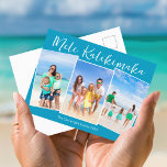 Chic Blue Mele Kalikimaka 3 Family Photo Christmas Holiday Postcard<br><div class="desc">Chic blue customizable beach family photo collage Christmas postcard with your favourite tropical photos in the sun. Add 3 of your favourite vertical photograph memories from your island vacation to the coast. Beautiful coastal horizontal holiday postcards with a clean,  modern photograph layout and pretty white script.</div>