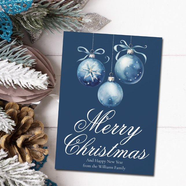 Chic Blue Merry Christmas Ornaments Customized Holiday Card (Creator Uploaded)