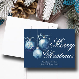 Chic Blue Merry Christmas Ornaments Customized Holiday Postcard
