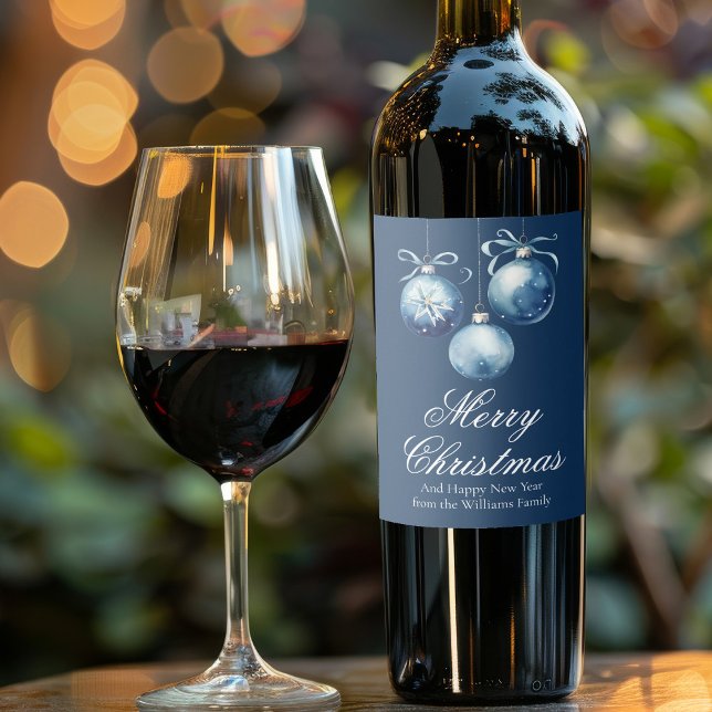 Chic Blue Merry Christmas Ornaments Customized Wine Label (Creator Uploaded)
