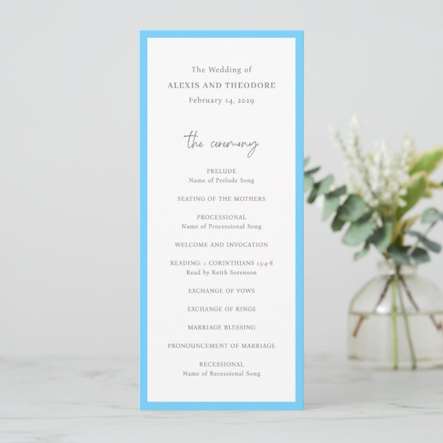 Chic Blue Modern Wedding Program (Standing Front)