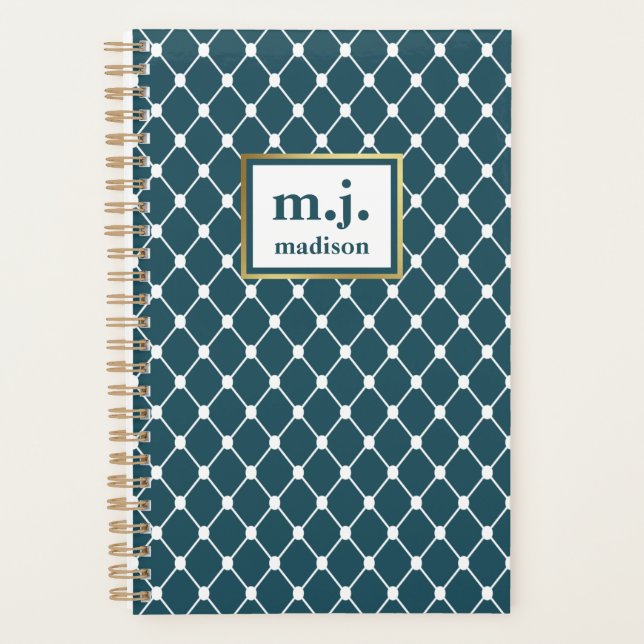 Chic Blue Monogram Personalized Geometric Planner (Front)