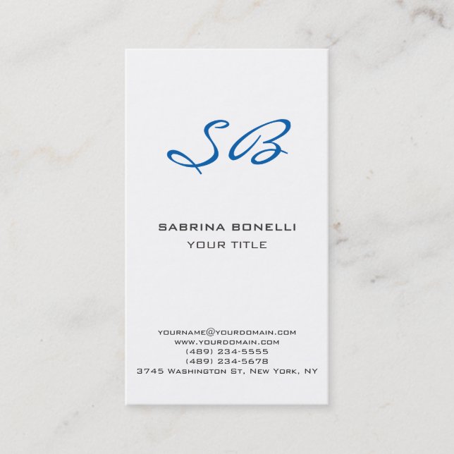 Chic Blue Monogram White Cute Business Card (Front)