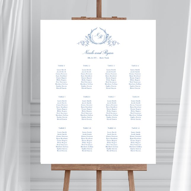 Chic Blue Monogrammed Wedding Seating Chart Sign (Creator Uploaded)