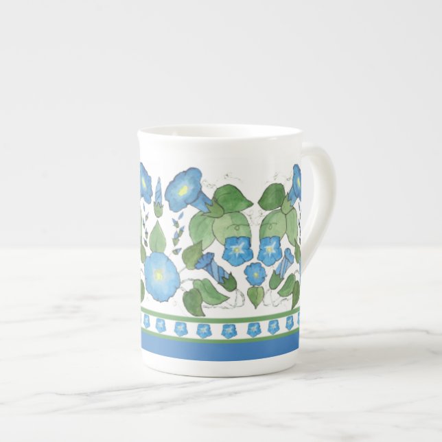 Chic Blue Morning Glory Border Bone China Mug (Front Right)