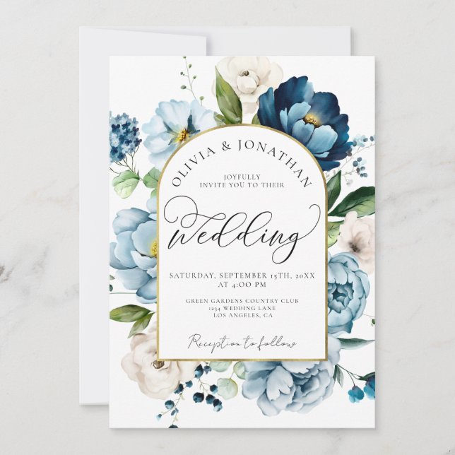 Chic Blue Navy All in 1 Budget QR Code Wedding Invitation (Front)