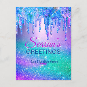 Chic blue ombre glitter drips Christmas new year  Postcard