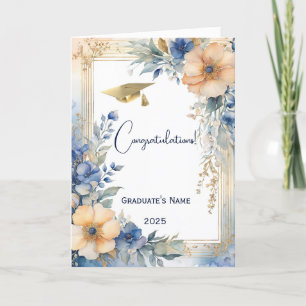 Chic Blue Peach Floral Personalized Graduation Card