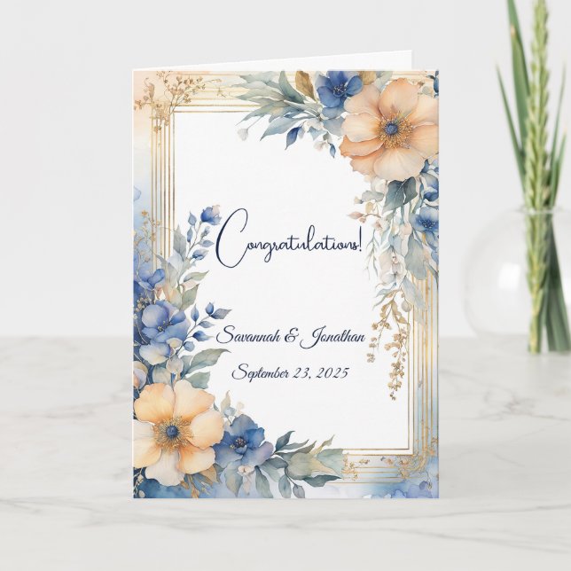 Chic Blue Peach Floral Personalized Wedding Card (Front)