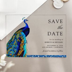 Chic Blue Peacock Indian Wedding Save the Date Acrylic Invitations