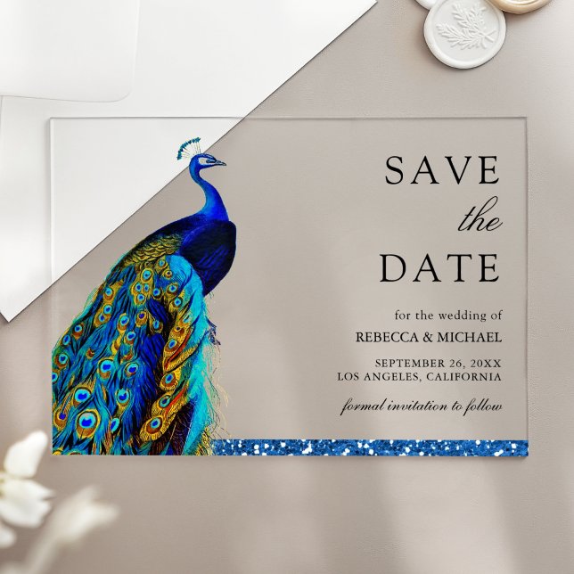 Chic Blue Peacock Indian Wedding Save the Date Acrylic Invitations (Creator Uploaded)