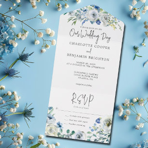Chic Blue Peony Floral Spring Garden Wedding All In One Invitation