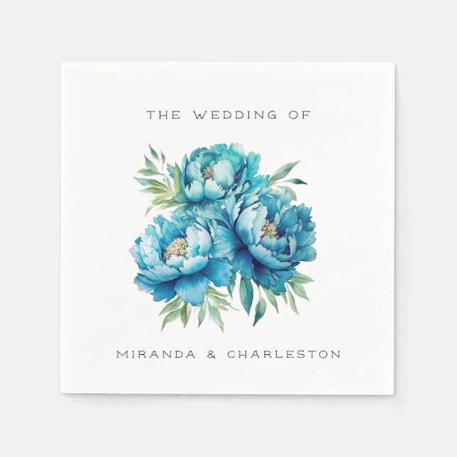 Chic Blue Peony Flower Wedding Napkin (Front)