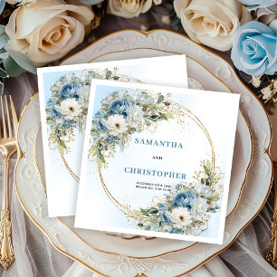 Chic Blue Peony Gold Glitter Frame Wedding Napkins