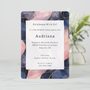 Chic Blue Pink Abstract Birthday Invitation