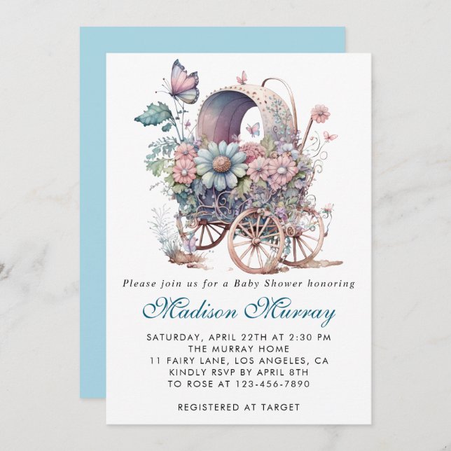 Chic Blue & Pink Floral Buggy Stroller Baby Shower Invitation (Front/Back)