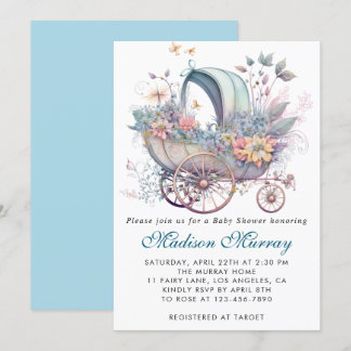 Chic Blue & Pink Floral Buggy Stroller Baby Shower Invitation