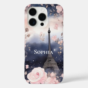 Chic Blue Pink Floral Paris Eiffel Tower iPhone 16 Pro Case