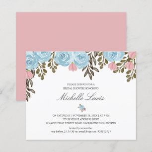 Chic Blue Pink floral Wedding Bridal SHOWER