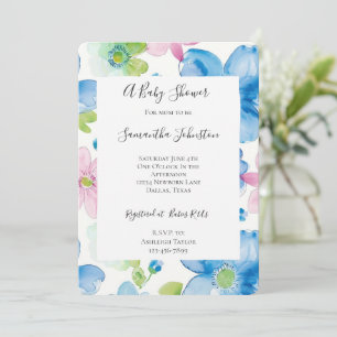 Chic Blue Pink Flowers Baby Shower Invitation