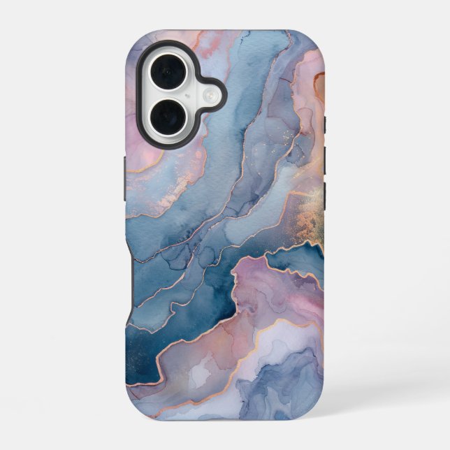 Chic Blue Pink Gold Agate Marble iPhone 16 Case (Back)