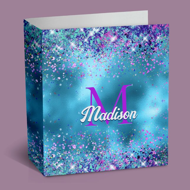 Chic Blue pink iridescent glitter monogram Binder (Creator Uploaded)