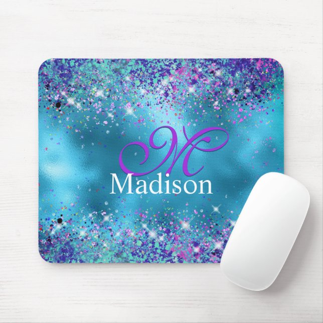 Chic Blue pink iridescent glitter monogram Mouse Pad (With Mouse)