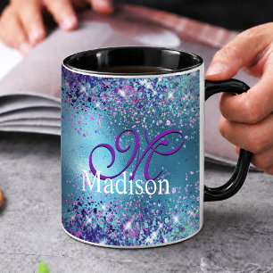 Chic Blue pink iridescent glitter monogram Mug