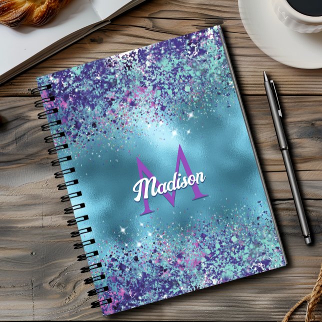 Chic Blue pink iridescent glitter monogram Notebook (Creator Uploaded)