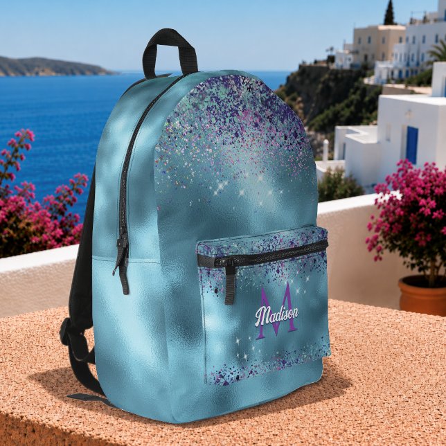 Chic Blue pink iridescent glitter monogram Printed Backpack (Creator Uploaded)