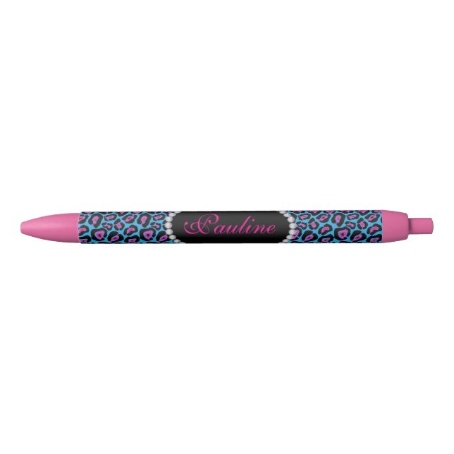 Chic Blue/Pink Leopard Print Faux Diamond Monogram Blue Ink Pen (Front)