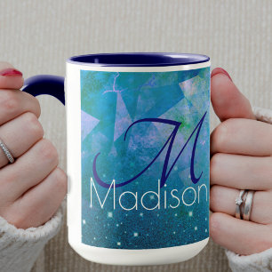 Chic blue pink ombre glitter monogram mug