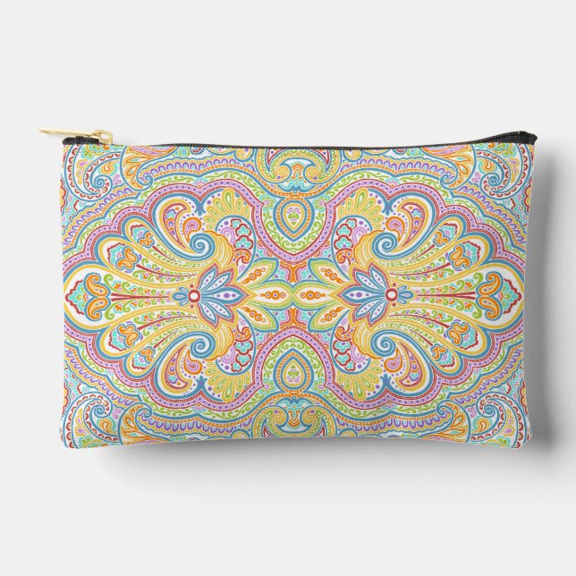 Chic Blue Pink Purple Orange Paisley Pattern Accessory Pouch (Front)