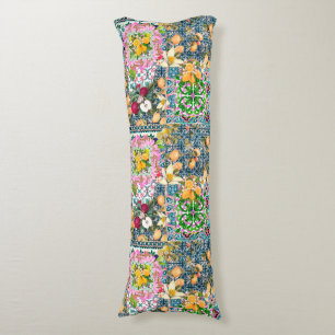 Chic blue pink sicilian citrus floral tiles body pillow