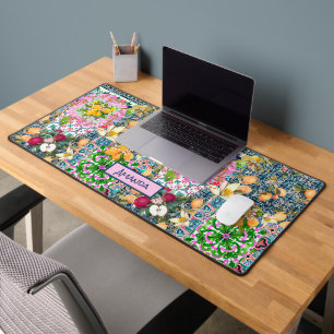 Chic blue pink sicilian citrus floral tiles desk mat