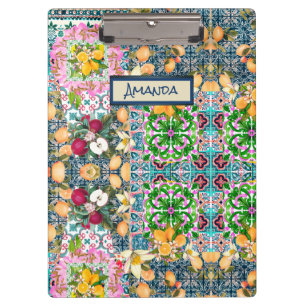 Chic blue pink sicilian citrus floral tiles  dopp clipboard