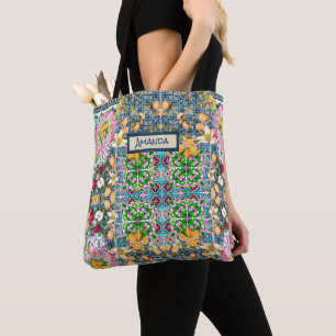 Chic blue pink sicilian citrus floral tiles  dopp tote bag