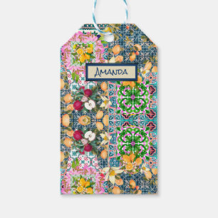 Chic Blue Pink Sicilian Citrus Floral Tiles Gift Tags