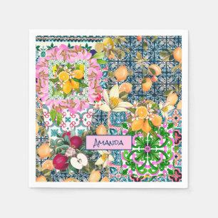 Chic blue pink sicilian citrus floral tiles napkin