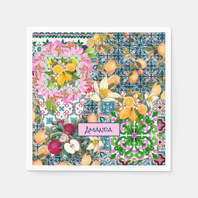 Chic blue pink sicilian citrus floral tiles napkin (Front)