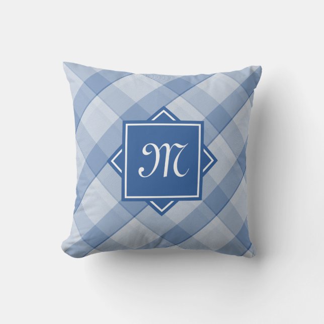 Chic Blue Plaid With Modern Diagonal Monogram Throw Pillow (Front)