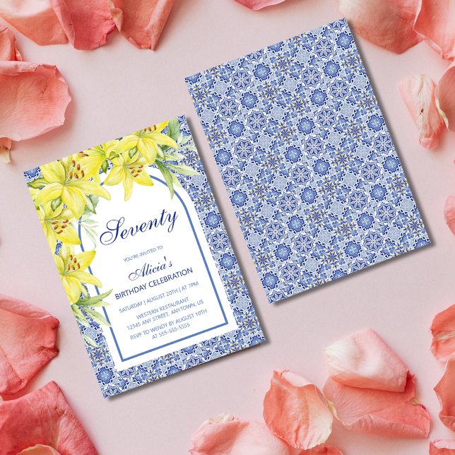 Chic Blue Portuguese Azulejo Lily 70th Birthday Invitation (Creator Uploaded)