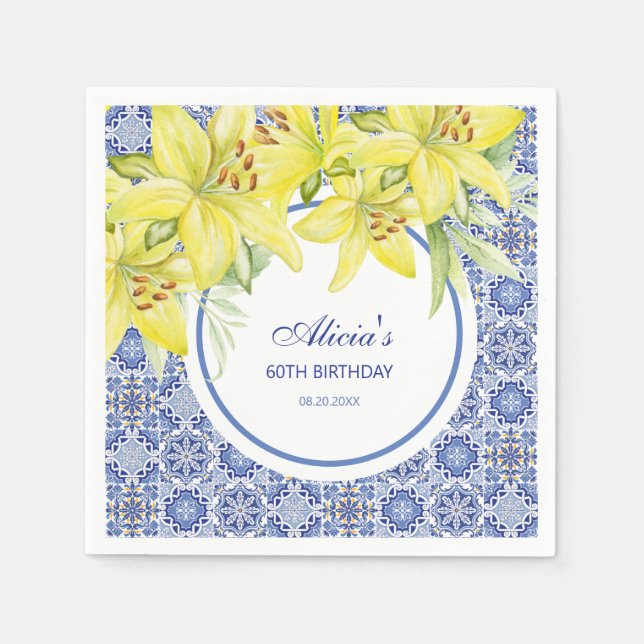 Chic Blue Portuguese Azulejo Yellow Lily Birthday Napkin (Front)