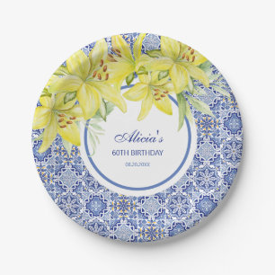 Chic Blue Portuguese Azulejo Yellow Lily Birthday Paper Plate
