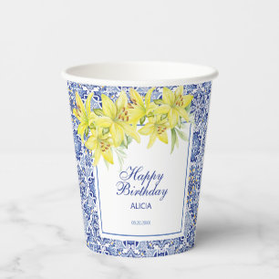 Chic Blue Portuguese Azulejo Yellow Lily Paper Cups