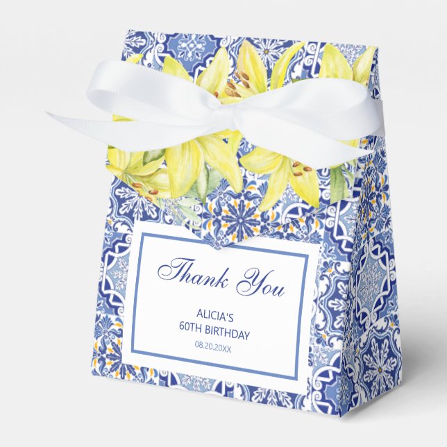 Chic Blue Portuguese Azulejo Yellow Lily Thank You Favor Box (Front Side)