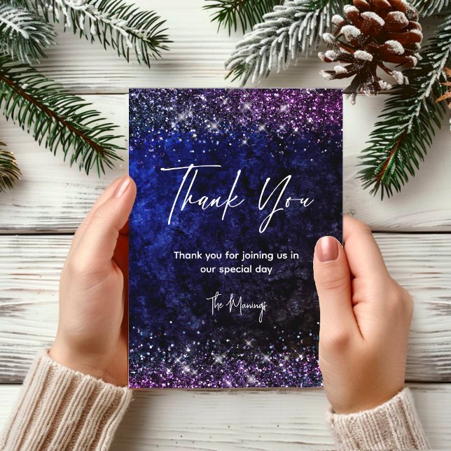 Chic blue purple faux glitter thank you  card (Creator Uploaded)