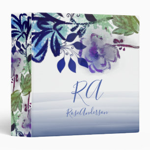 Chic Blue Purple Floral Typography Monogrammed Binder