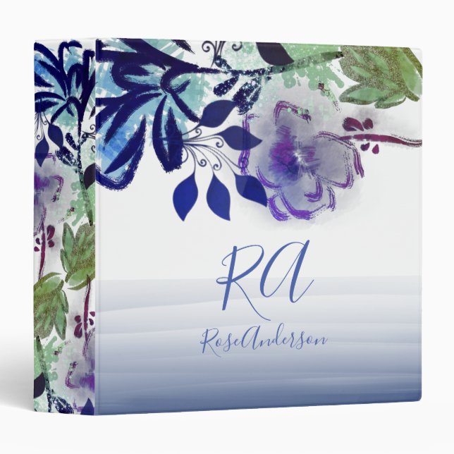 Chic Blue Purple Floral Typography Monogrammed Binder (Front/Spine)